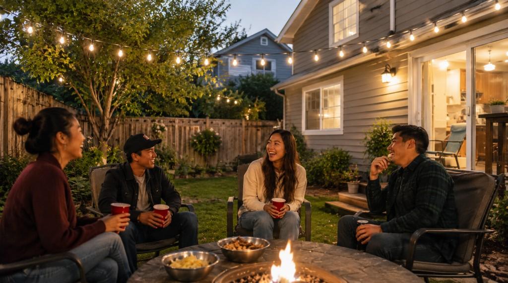 Friends gathered around a fire pit in a backyard