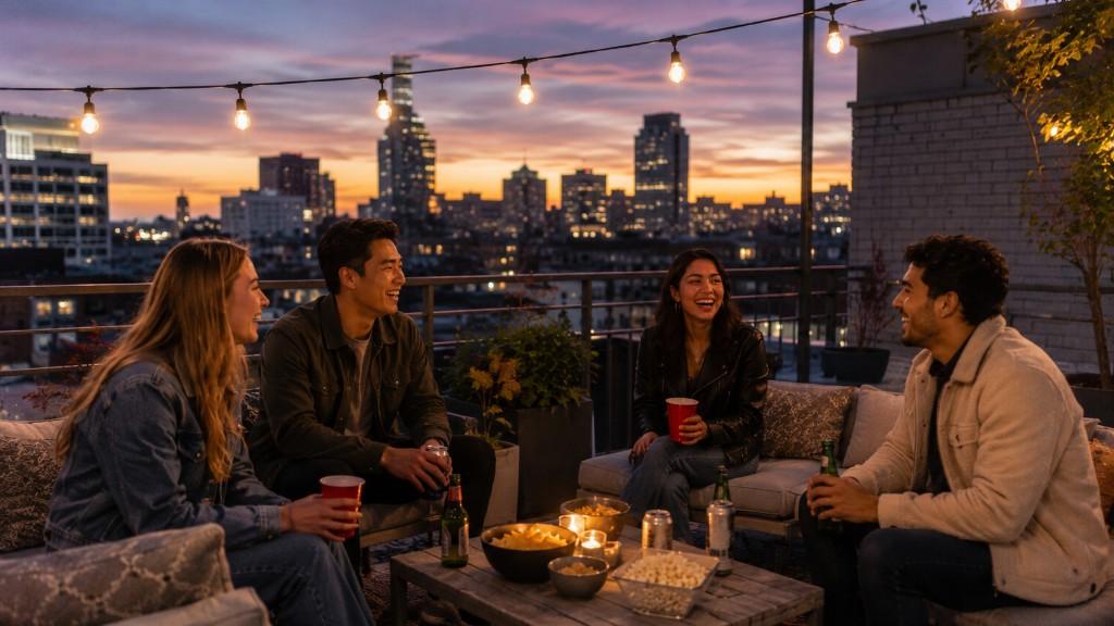 Friends laughing together on a rooftop at sunset